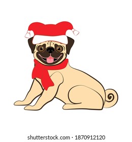 Pug dog in christmas costume on the white background. Vector illustration