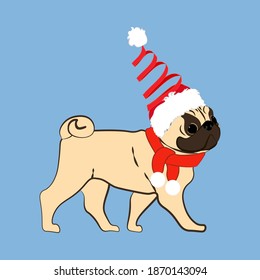 Pug dog in christmas costume vector illustration on the blue background.