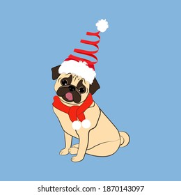 Pug dog in christmas costume vector illustration on the blue background.