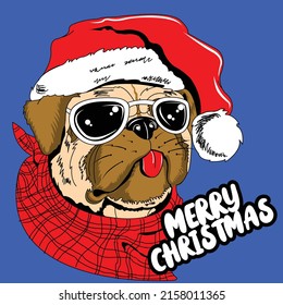 PUG DOG WITH CHRISTMAS HAT LENSES AND SCARF.
