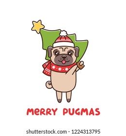 Сute pug dog in a Christmas hat and scarf with snowflakes, carries a Christmas tree. Merry Pugmas it is funny wordplay Merry Christmas and Pug.