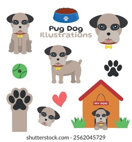 Pug Dog - Cute Illustrations in Different Poses, Sitting, Side, Head, Paw and Lying in Doghouse. Cartoon in Flat Design.