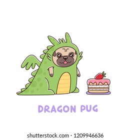 Сute pug dog in a dinosaur costume with strawberry cake. Vector illustration in cartoon style