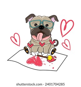 Pug dog draw a heart. Cartoon vector illustration Valentine's Day card