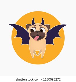 Pug Dog Dressed Up For Halloween. Bat Costume For Pet. Halloween. Pug. Character For Halloween Design  Vector Illustration On White Background. 