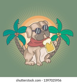 pug dog drink a beer on summer illustration vector graphic