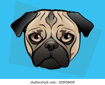 Pug Dog Face on a Blue Background
