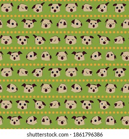 Pug Dog Facial Expressions seamless pattern. Vector Illustration. Great for birthday, party, gift wrapping, wallpaper, textile and scrapbook 