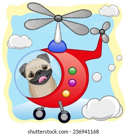 Pug Dog is flying in a helicopter 