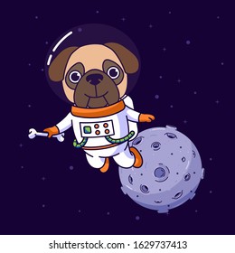 Pug dog flying in the space, vector cartoon illustration