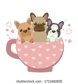 The pug dog and friend in the pink cup on the white background with heart and dot. Doodle dog in flat vector .