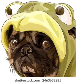 A pug dog in a frog costume. A funny dog wears a Kermit the Frog costume. Portrait in the style of vector graphics.