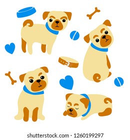 pug dog funny childish cartoon element set on white