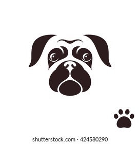 Pug Dog. Funny Face With Paw Print. Logo