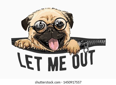 pug dog with glasses in zip pocket illustrtaion