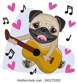 Pug Dog with a guitar on background music and hearts 