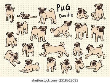 Pug Dog Hand Drawn Doodle Set