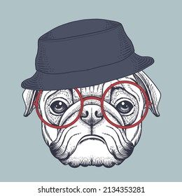 Pug dog hand drawn wearing a red glasses and bucket hat for your company or brand