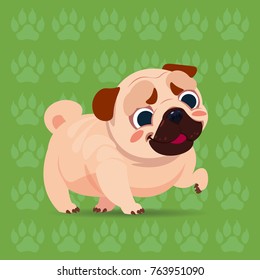 Pug Dog Happy Cartoon Sitting Over Footprints Background Cute Pet Flat Vector Illustration