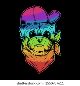 Pug dog hat and bandana colorful vector illustration for your company or brand