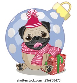 Pug Dog in a hat with gift 
