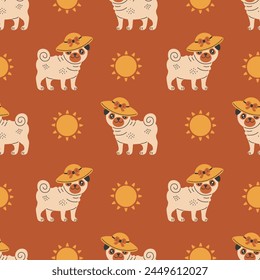 Pug dog in hat summer seamless pattern. Brown summertime background with cute purebred puppy wearing vintage headwear and sun. Repeat vector illustration for pet