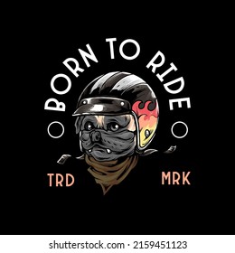 Pug dog Head with biker Helmet Premium Vector