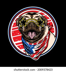 Pug dog head eyeglasses wearing american flag neck bandana illustration isolated on black background