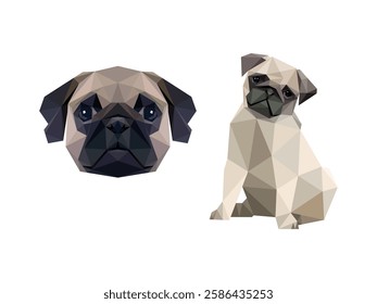 Pug Dog head face in polygonal low poly vector. Dog face logo polygon abstract. Pug dog face Vector illustration for kids animal book