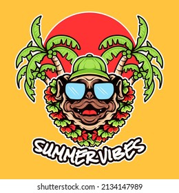 Pug Dog Head Summer Vibes Vector Illustration