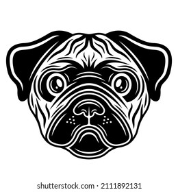 Pug dog head vector illustration in vintage monochrome style isolated on white background