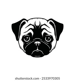 Steckhundekopf, Vektorgrafik. Pug Gesicht handgezeichnetes Logo Emblem Design.