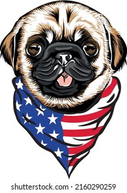 Pug Dog Head Wearing American Flag Neck Bandana