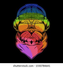 pug dog headphone colorful vector illustration for your company or brand