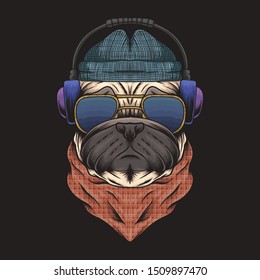 pug dog headphone vector illustration for your company or brand