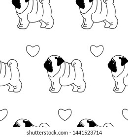 Pug dog and heart prints seamless pattern isolated on white background. Minimalistic, cartoon, flat style, vector black and white pattern design.