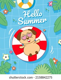 pug dog hello summer banner. blue theme with pug dog ,leave, flower, red and yellow swim ring.