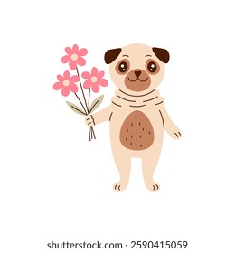 Pug Dog Holding Flower Bouquet. Hand drawn cute Puppy vector illustration. Holiday greeting pet with chamomiles in paw in flat style. Gift from Animal