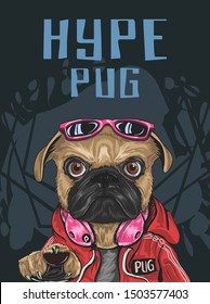 pug dog with hype style wear red sweeter, sunglasses, headphone, serious look, for poster, flayer, t shirt, with abstract dark background