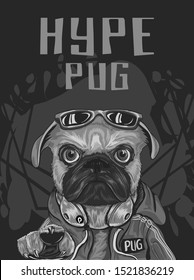 pug dog with hype style wear red sweeter, sunglasses, headphone, serious look, for poster, flayer, t shirt, with abstract dark background