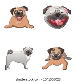 Pug dog icons set. Cartoon set of pug dog vector icons for web design