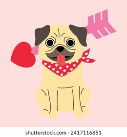 Pug dog illustration for Happy Valentines day greeting card