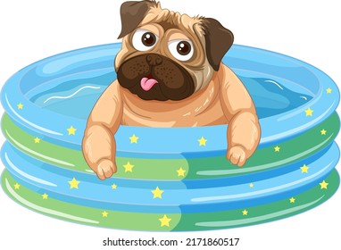A pug dog in inflatable pool cartoon  illustration