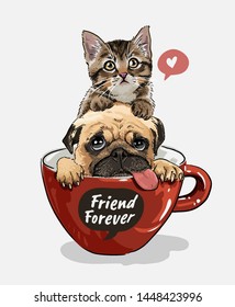 pug dog and little kitten in red coffee cup illustration