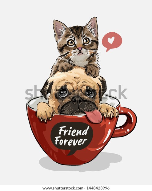 赤いコーヒーカップのイラストに犬と子猫を入れて のベクター画像素材 ロイヤリティフリー