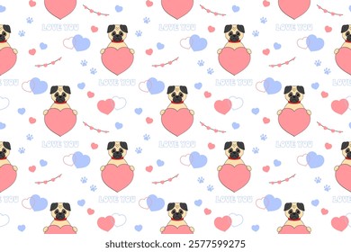 Pug dog in love and hearts. Seamless pattern for Valentines day. Festive design for wrapping paper, fabric, wallpaper, cards. Vector illustration