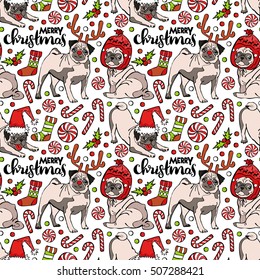 Pug dog. Merry Christmas. Seamless vector pattern (background).