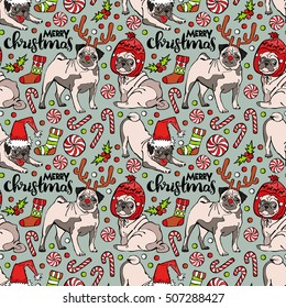Pug dog. Merry Christmas. Seamless vector pattern (background).
