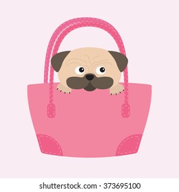 Pug dog mops in the bag. Cute cartoon character. Flat design. Isolated. White background. Vector illustration