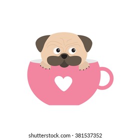 Pug dog mops paw sitting in pink cup with heart. Cute cartoon character. Flat design. Isolated. White background. Vector illustration